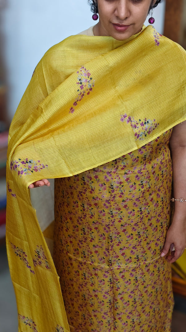 Mustard and Purple Checked Tussar Suit - G913