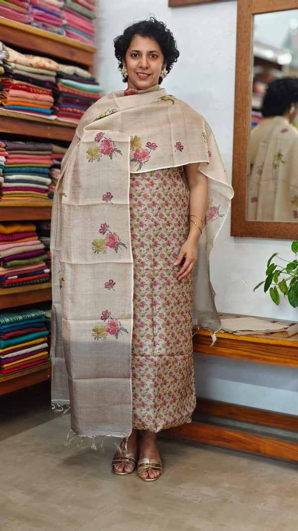 Light Beige and Pink Checked Tussar Suit - G913