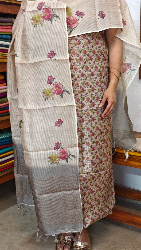 Light Beige and Pink Checked Tussar Suit - G913