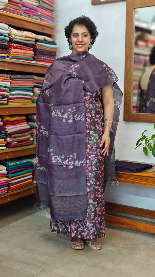 Plum and teal Printed Checked Tussar Silk Suit - G913