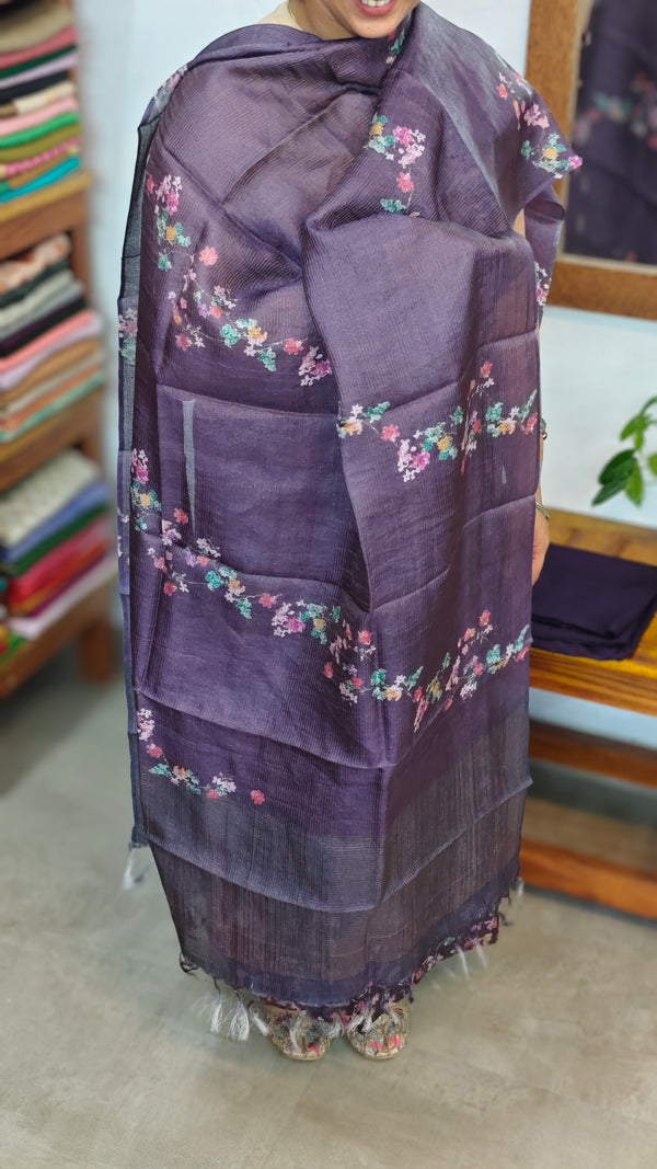 Plum and teal Printed Checked Tussar Silk Suit - G913