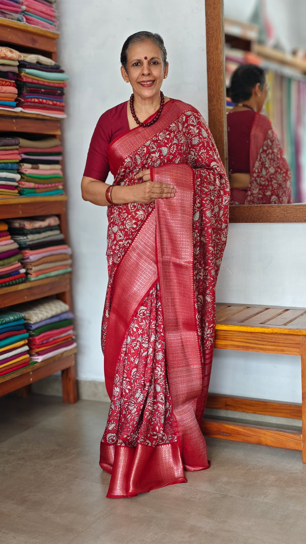 Cherry Red Banarasi Dola Silk Saree
