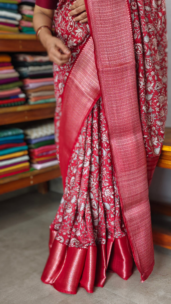 Cherry Red Banarasi Dola Silk Saree