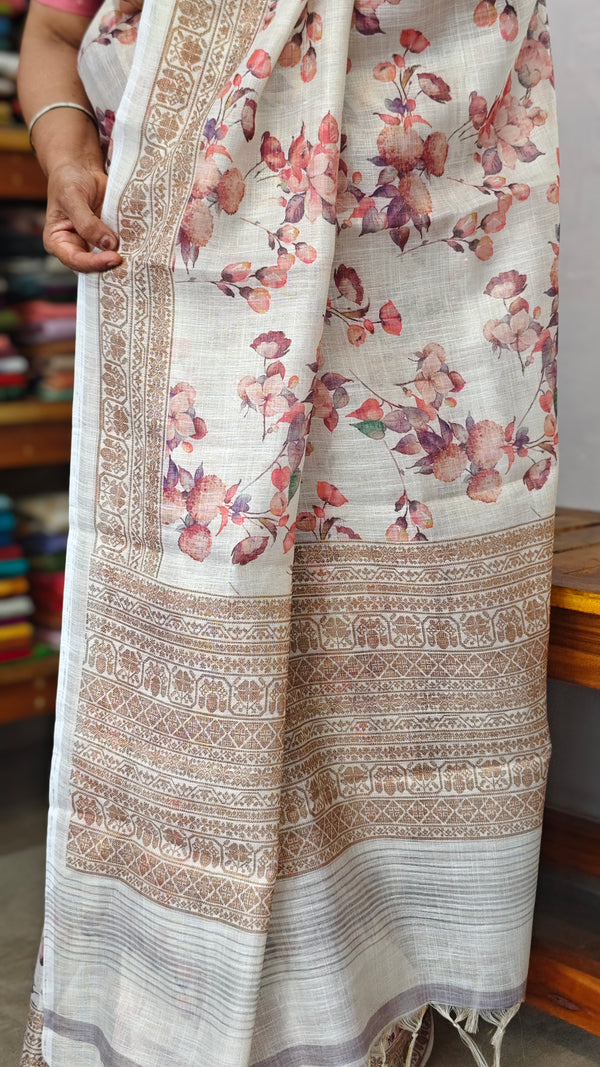 Beige Printed Linen Saree
