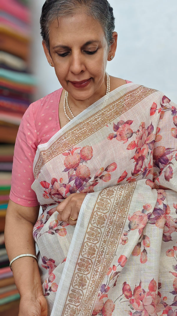 Beige Printed Linen Saree