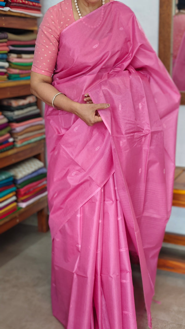 Candy Pink Lined Noil Tussar Silk Saree