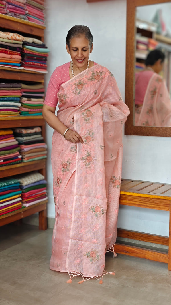 Light Peach Embroidered Silky Kota Saree