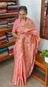 Peach Pink Tussar Silk Saree with Cross Stitch Embroidery