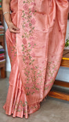 Peach Pink Tussar Silk Saree with Cross Stitch Embroidery