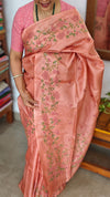 Peach Pink Tussar Silk Saree with Cross Stitch Embroidery