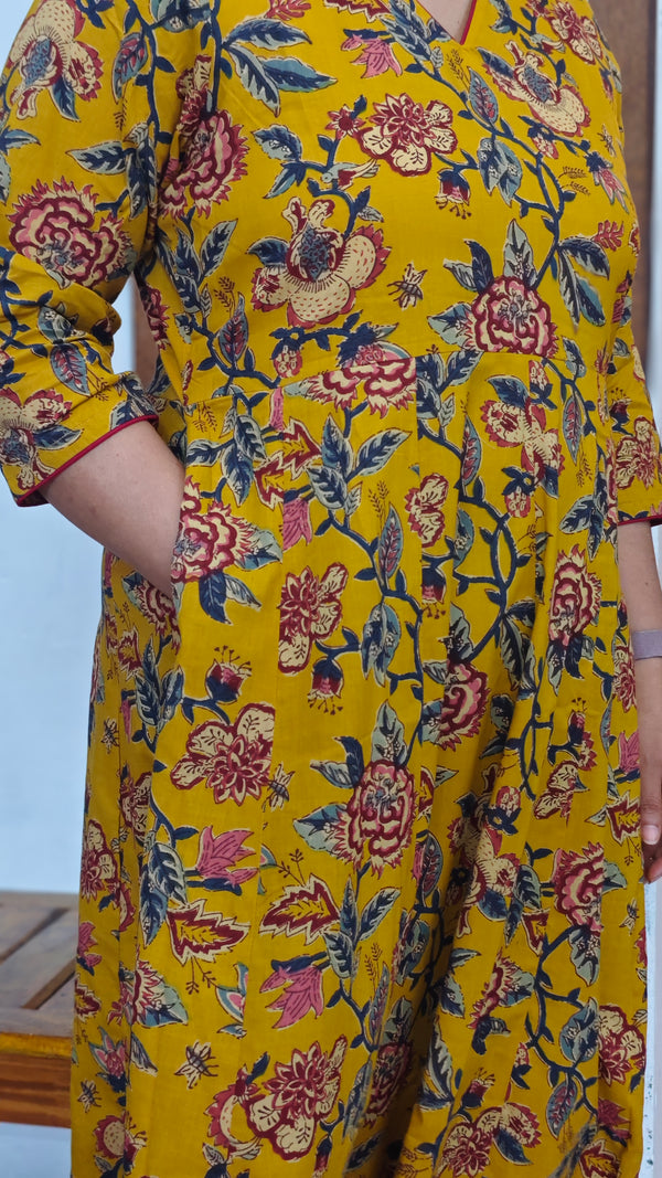 Mustard Floral Printed Anarkali Dress