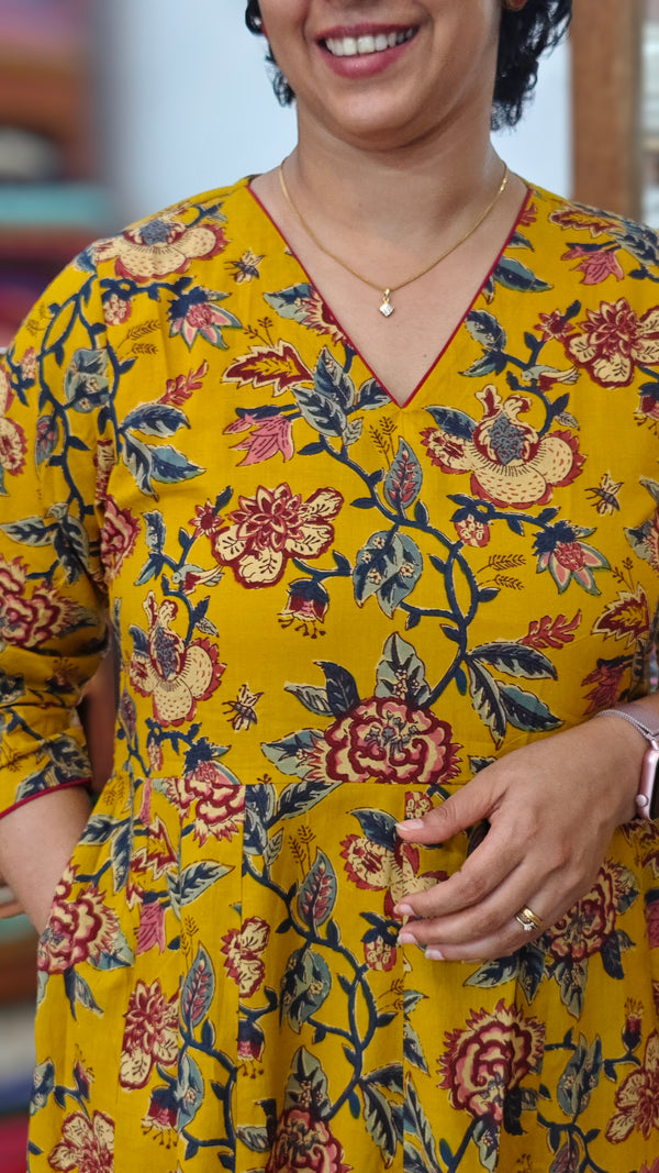 Mustard Floral Printed Anarkali Dress