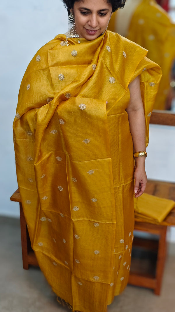 Golden Mustard Checked Tussar Silk Suit - ZC570