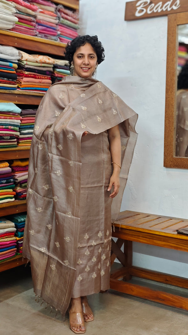Taupe Checked Tussar Silk Suit - ZC570