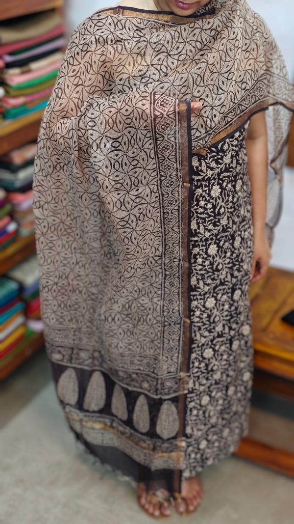 Black and Beige Cotton Suit with Kota Doria Dupatta