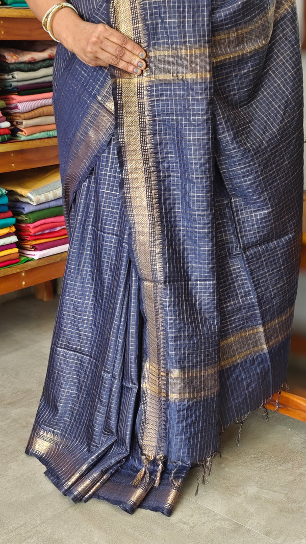 Dark Blue Mini Check Semi Silk Saree - BGR8
