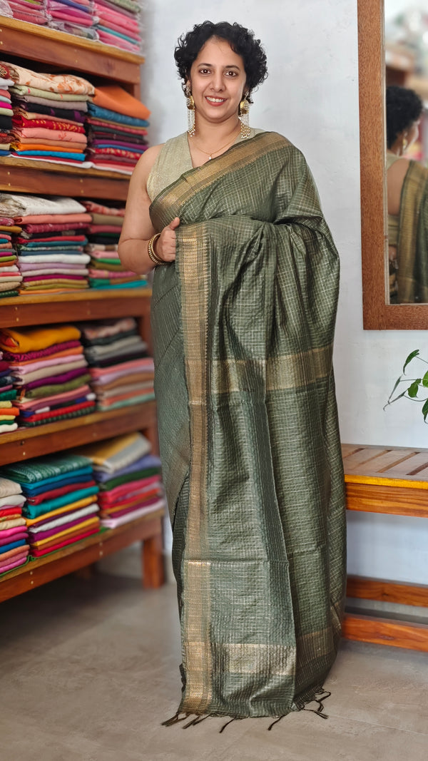 Fern Green Mini Check Semi Silk Saree - BGR8