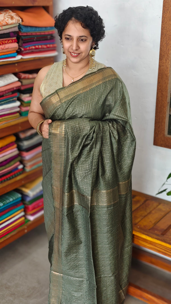 Fern Green Mini Check Semi Silk Saree - BGR8