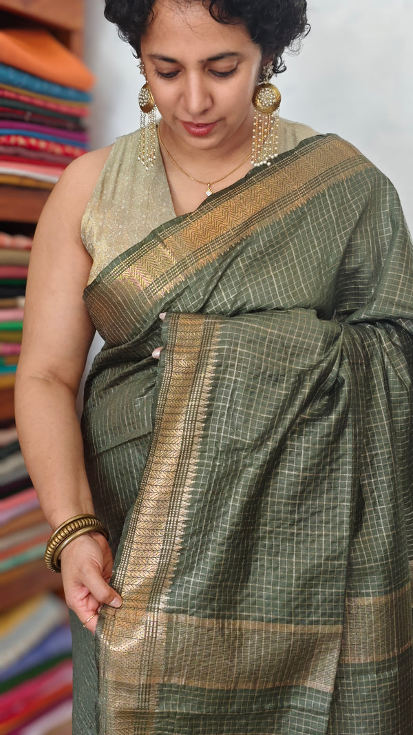 Fern Green Mini Check Semi Silk Saree - BGR8