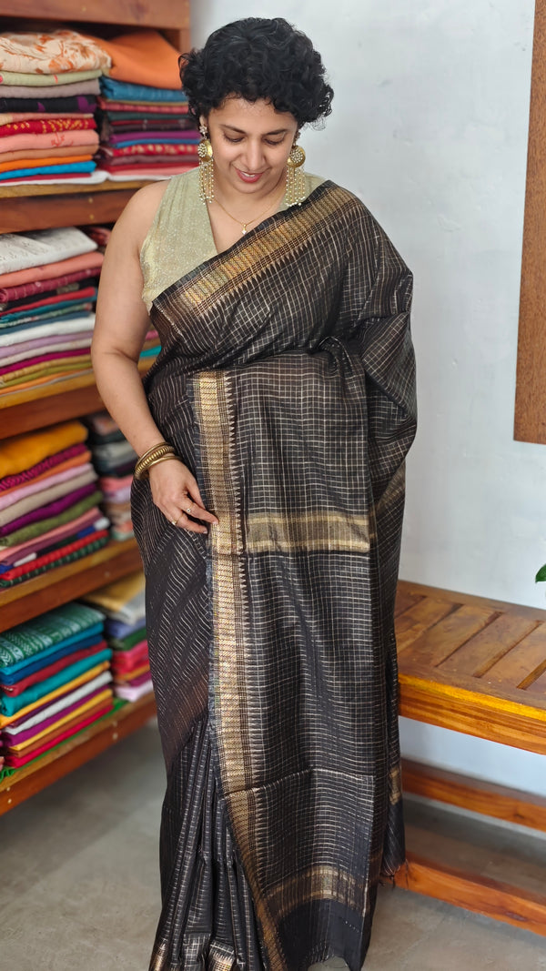 Black Mini Checks Semi Silk Saree - BGR8