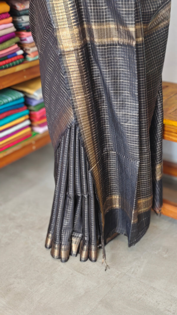 Black Mini Checks Semi Silk Saree - BGR8