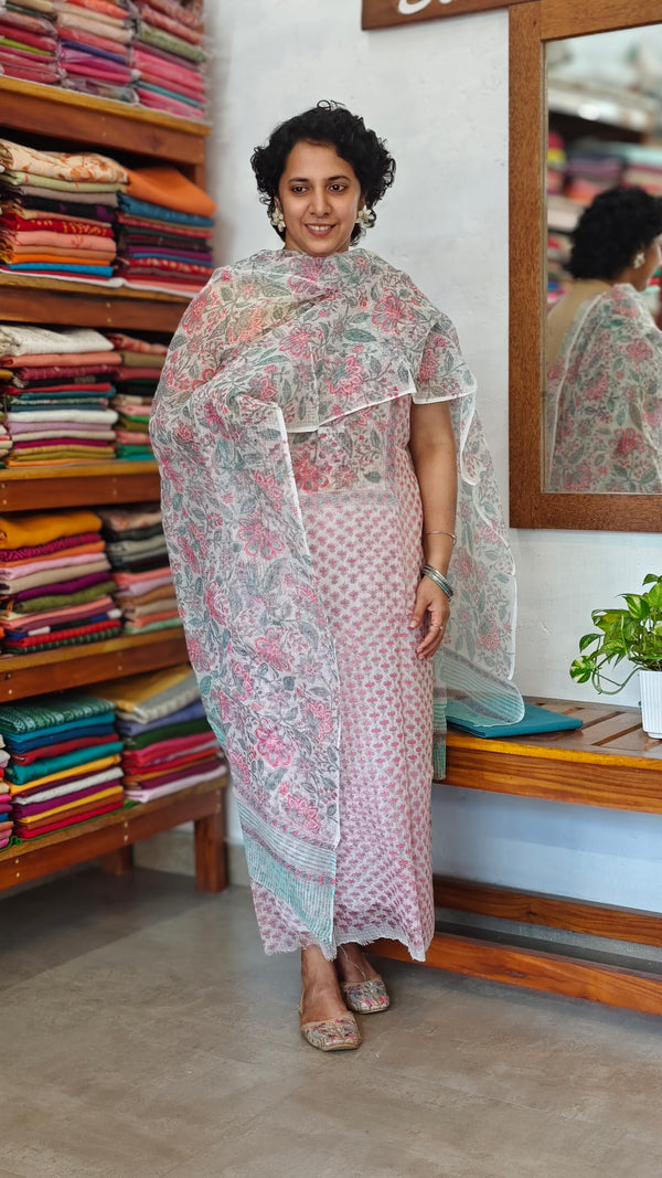 Pink and White Floral Kota Doria Suit - GD331