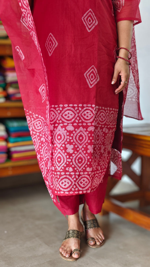 Cherry Red Net Kota Kurti Set - KN05