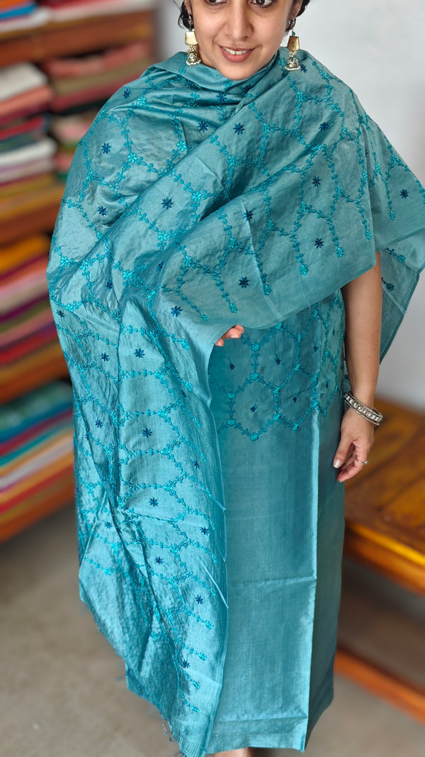 Teal Blue Embroidered Tussar Silk Suit - CC31