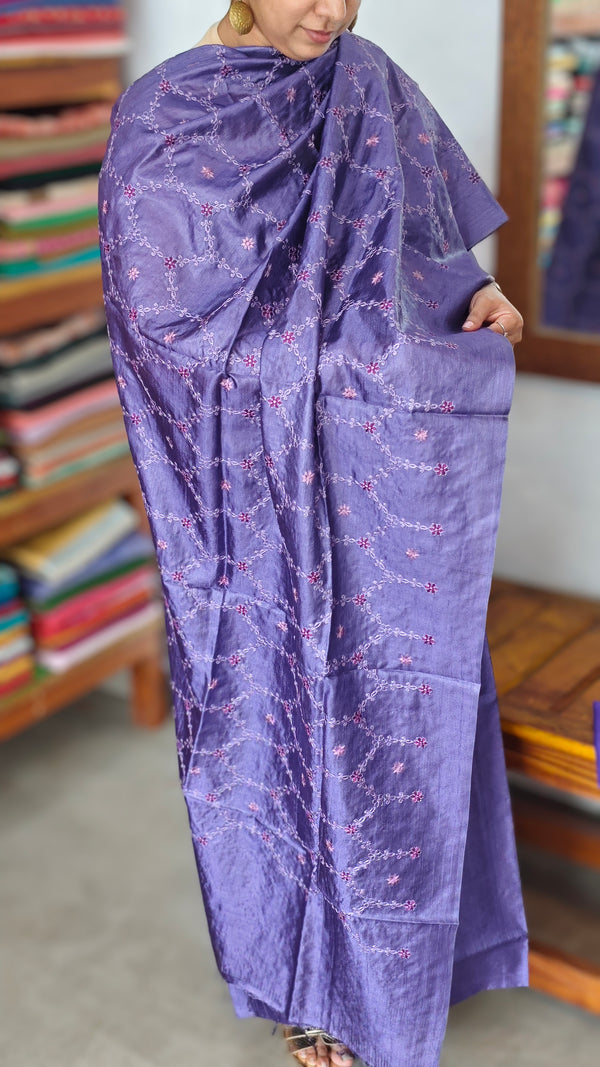 Purple Embroidered Tussar Silk Suit - CC31