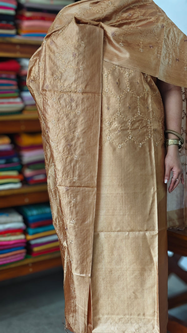 Golden Brown Embroidered Tussar Silk Suit - CC31