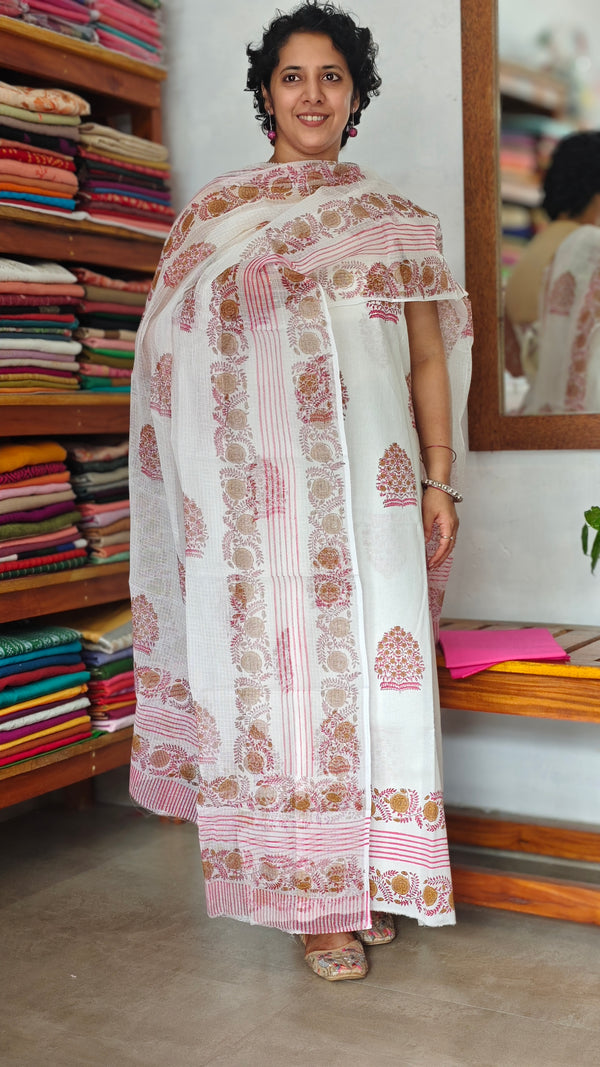 Off white and pink Cotton suit with Kota Doria Dupatta