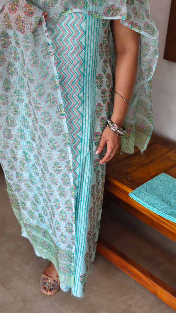 Aqua Blue Chanderi Suit with Kota Doria Dupatta