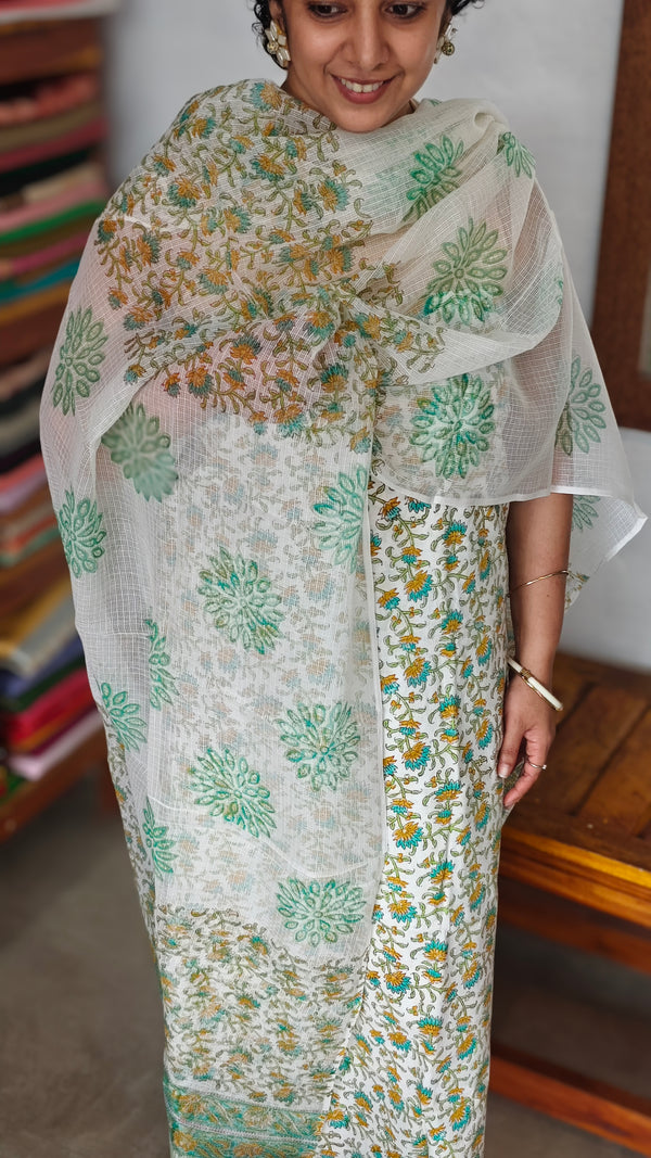 Off White and Green Cotton Suit with Kota Doria Dupatta