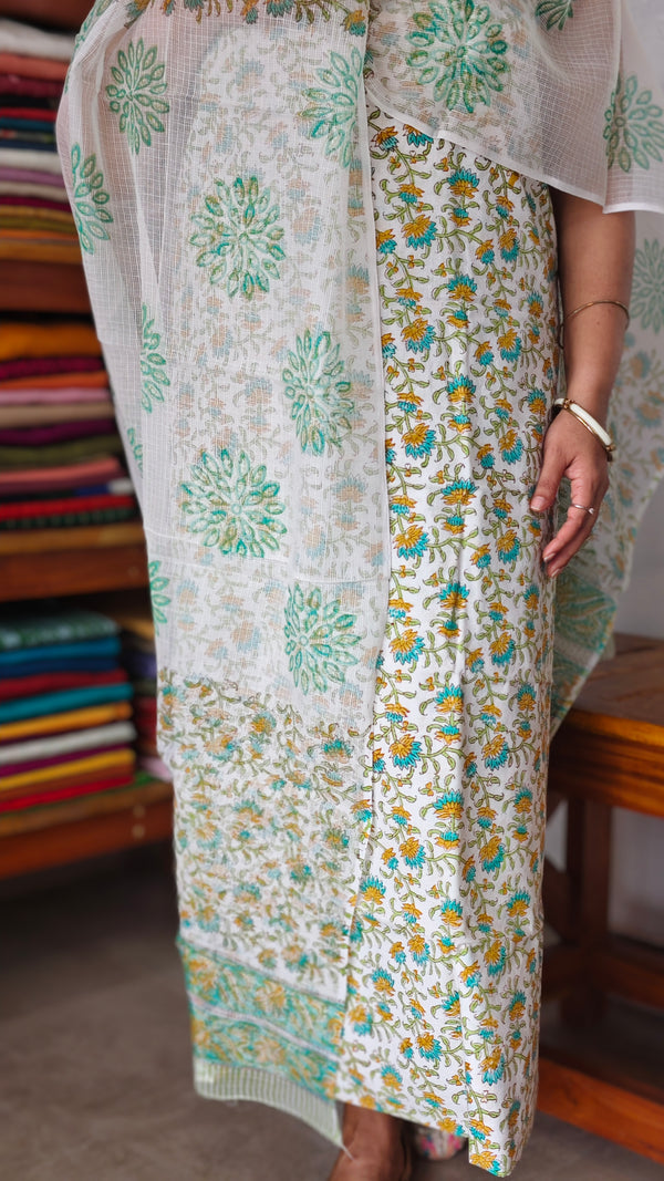 Off White and Green Cotton Suit with Kota Doria Dupatta