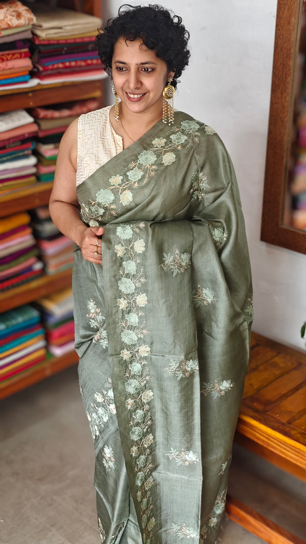 Muted Sage Green Tussar Silk Saree - ADX22