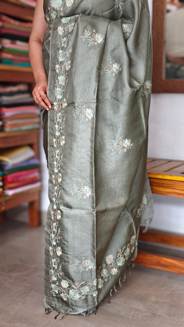Muted Sage Green Tussar Silk Saree - ADX22