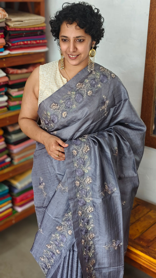 Lavender Blue Tussar Silk Saree - ADX22