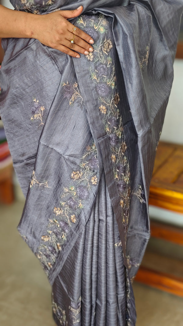 Lavender Blue Tussar Silk Saree - ADX22