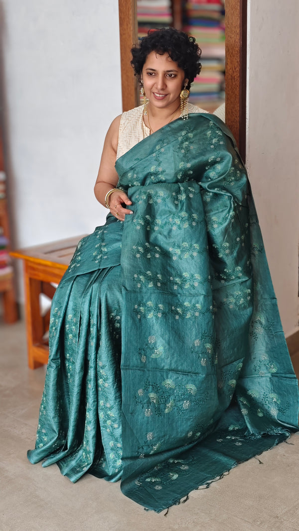 Emerald Green Embroidered Tussar Silk Saree - ADX28