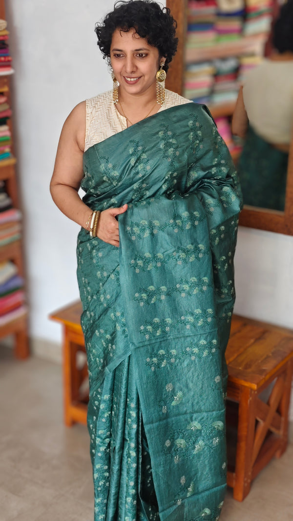 Emerald Green Embroidered Tussar Silk Saree - ADX28