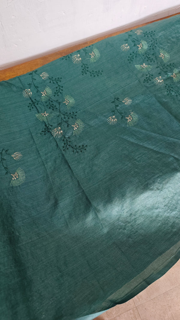 Emerald Green Embroidered Tussar Silk Saree - ADX28