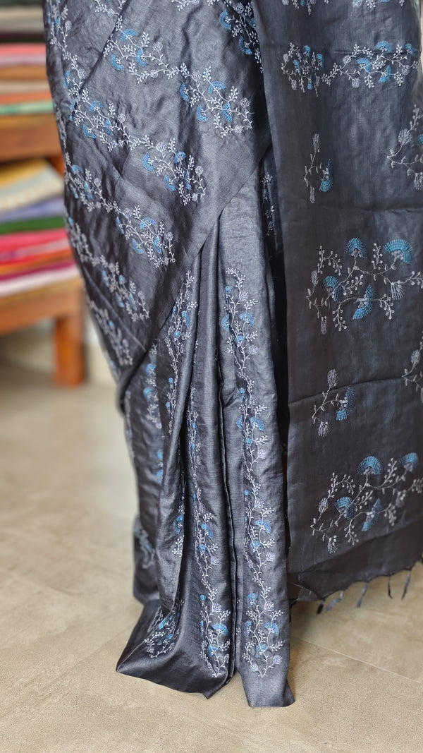 Black Embroidered Tussar Silk Saree - ADR28