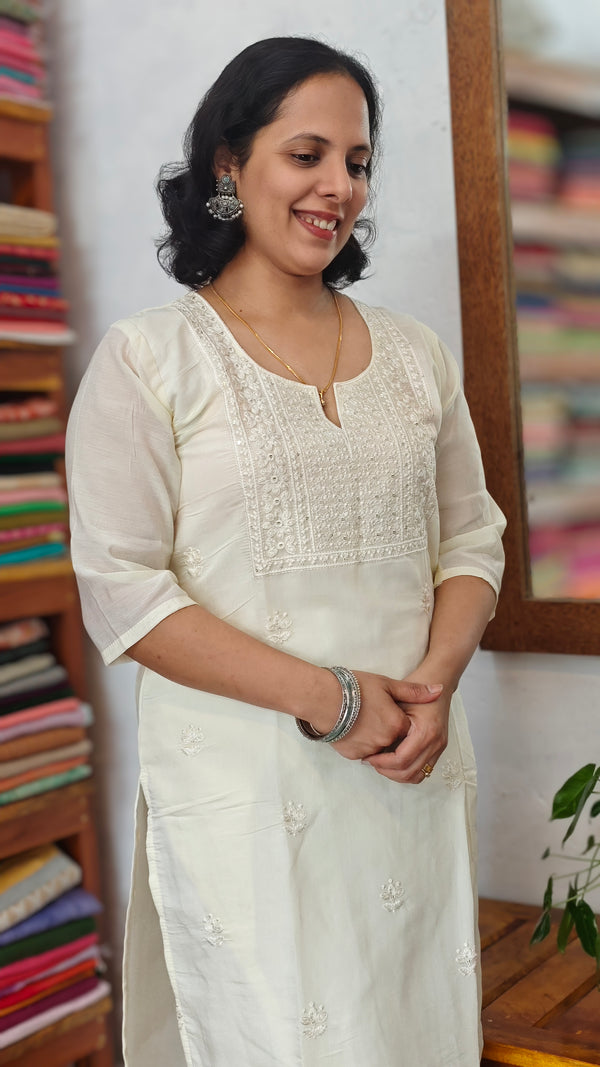 Cream chanderi 2 piece kurti set