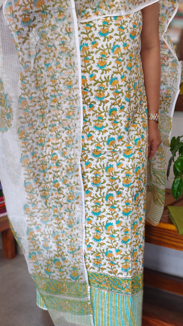 Green - Teal and Mustard Cotton Suit with Kota Doria Dupatta - CNA8
