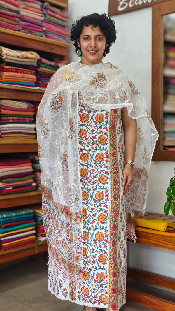 Mustard - Pink and Green Cotton Suit with Kota Doria Dupatta - CNA8