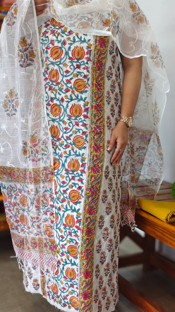 Mustard - Pink and Green Cotton Suit with Kota Doria Dupatta - CNA8