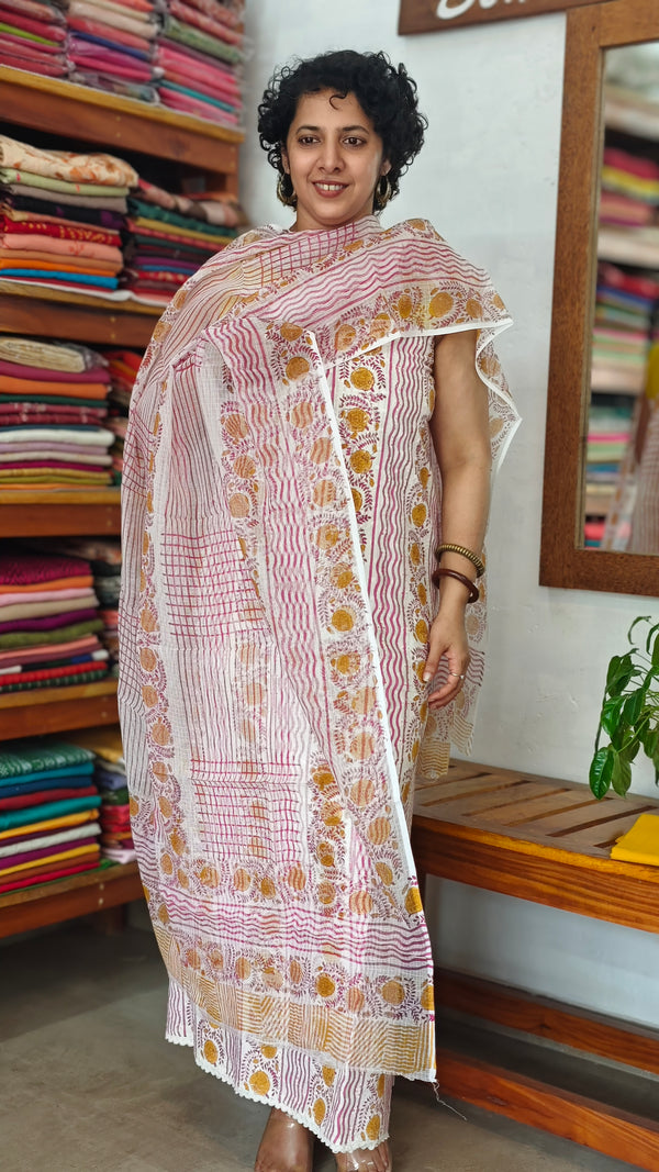 Pink and Mustard Cotton Suit with Kota Doria Dupatta - CNA8