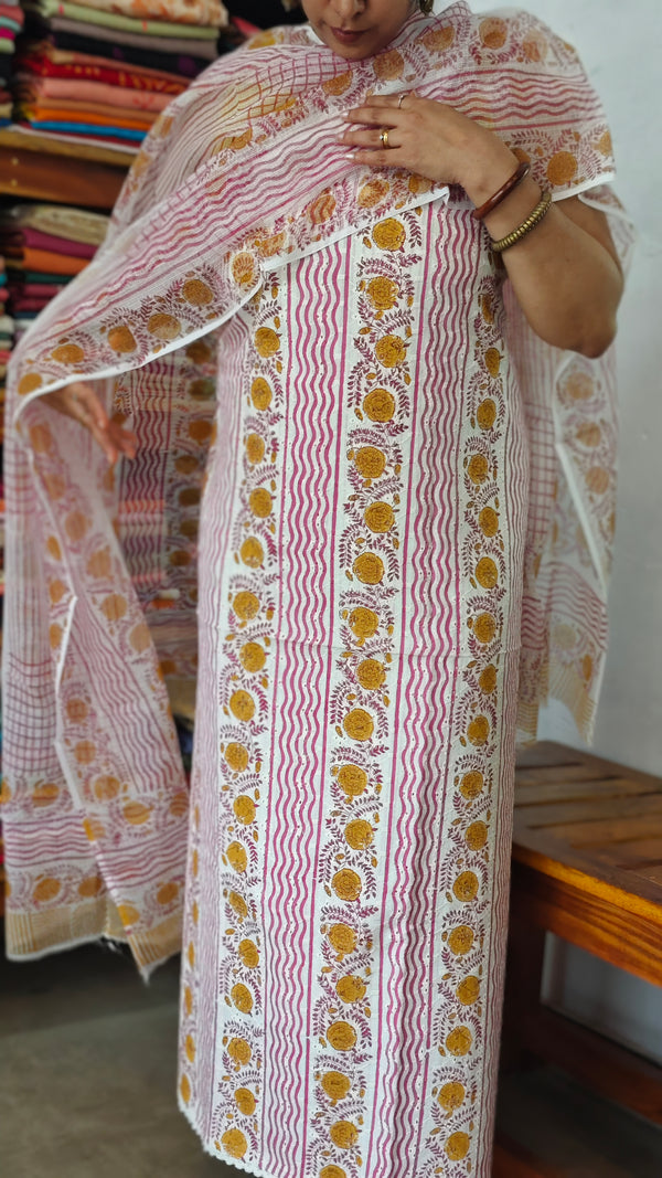 Pink and Mustard Cotton Suit with Kota Doria Dupatta - CNA8