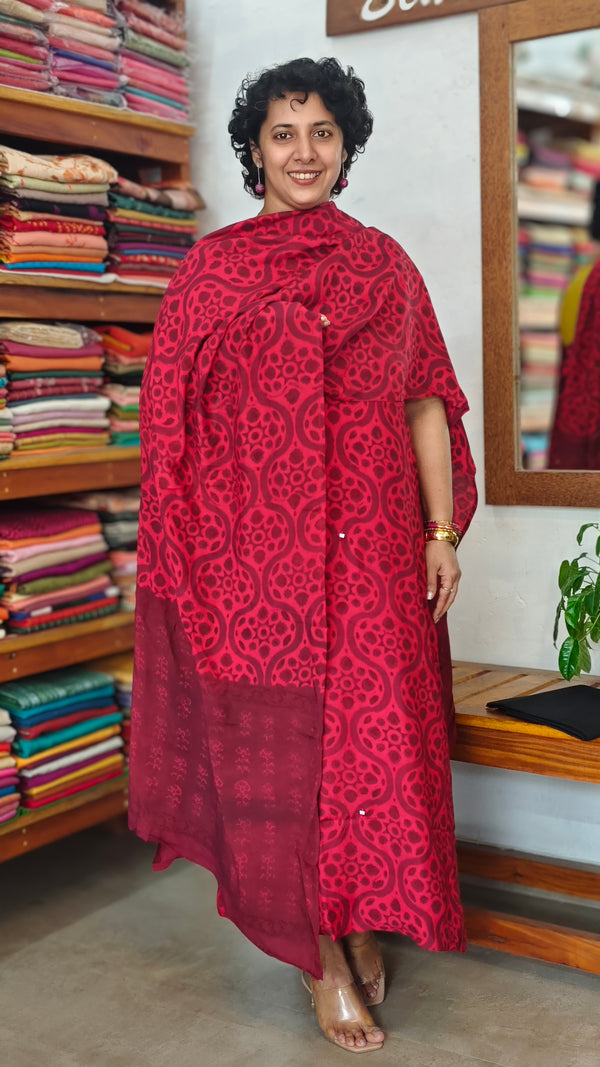 Red and Maroon Block Printed Modal Cotton Suit