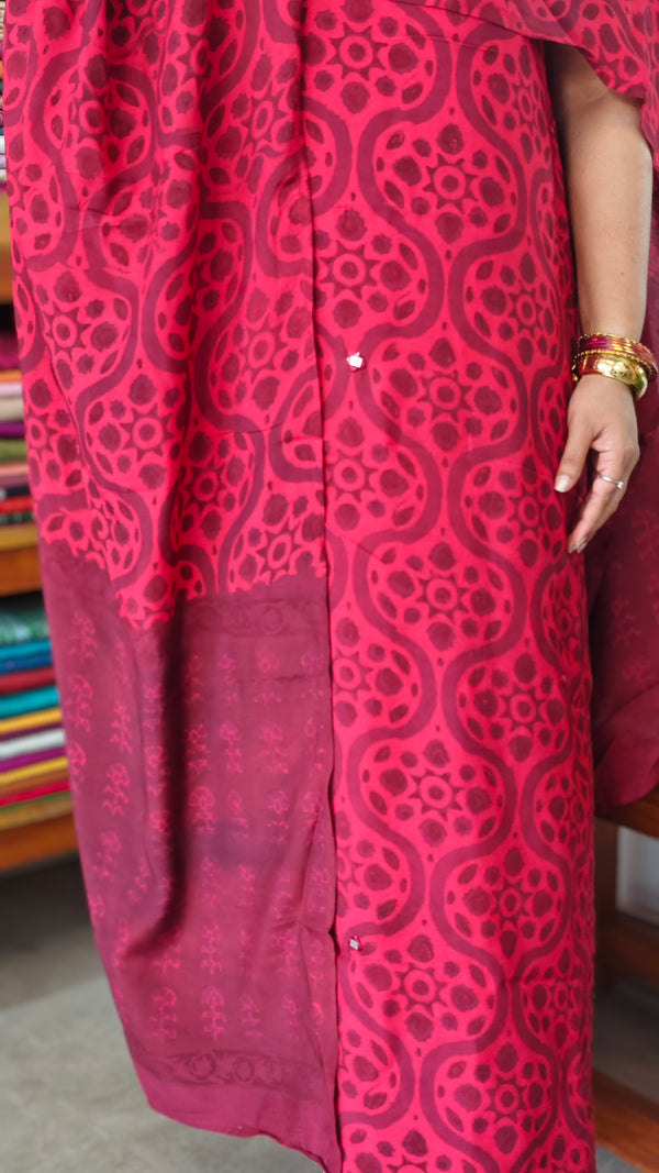 Red and Maroon Block Printed Modal Cotton Suit